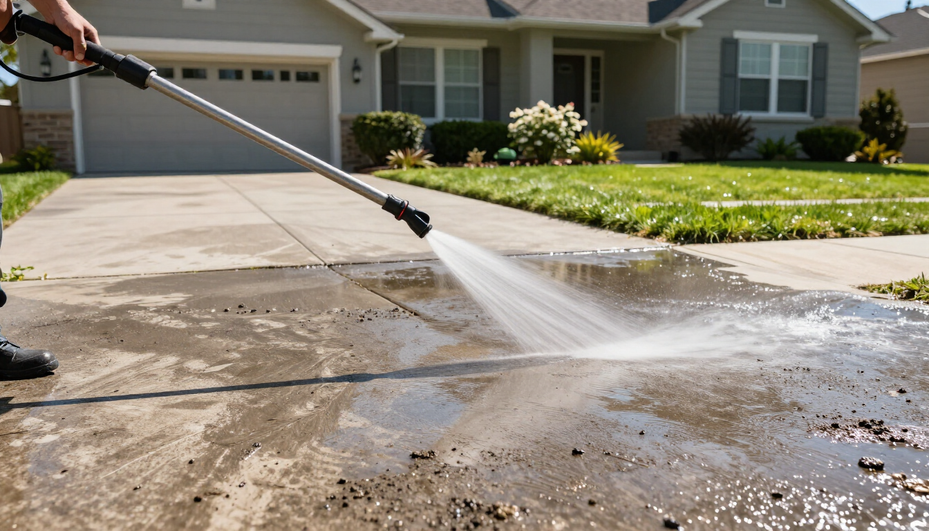 Person pressure-washing a driveway in front of a suburban house