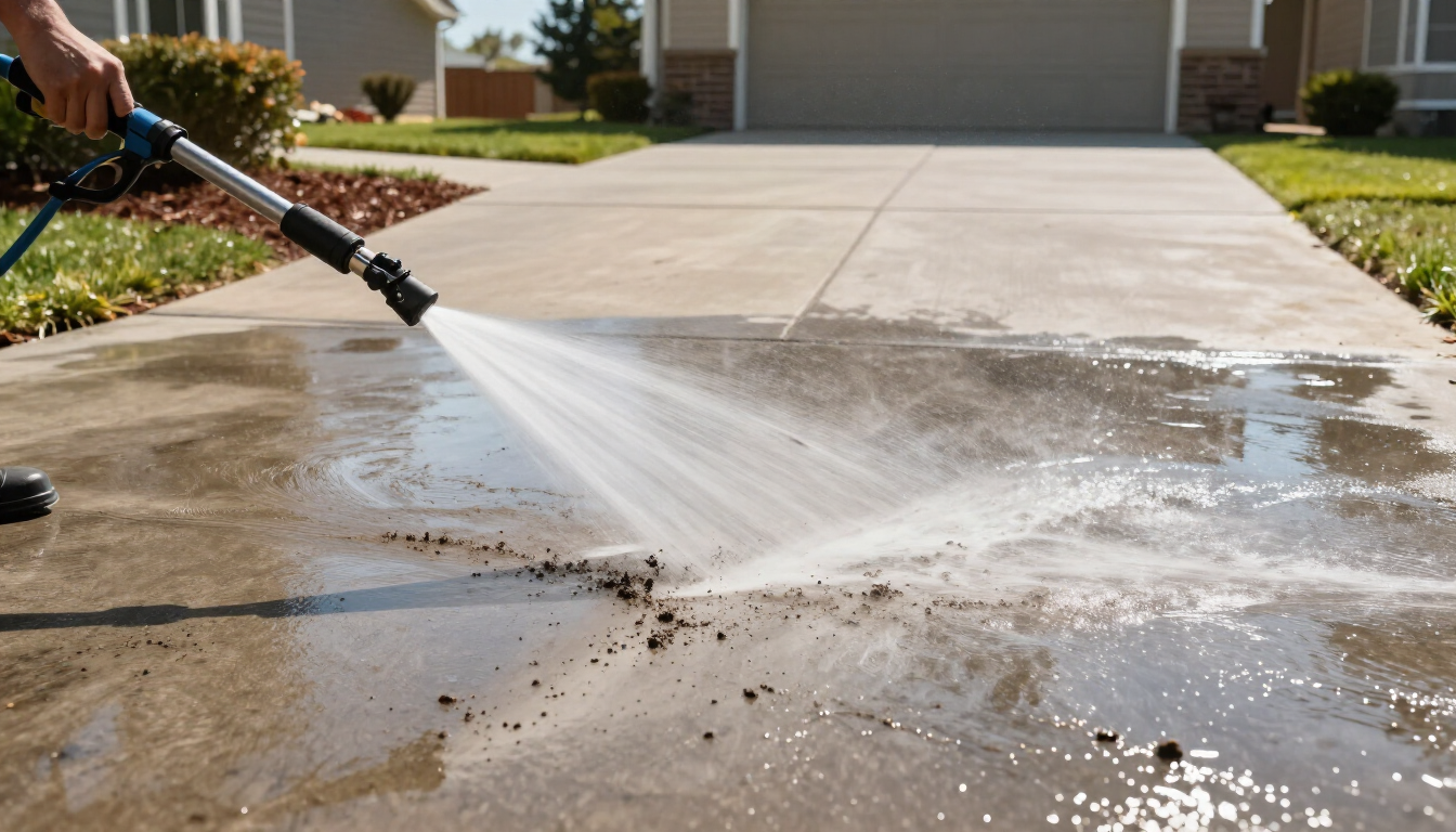 Person pressure-washing a concrete driveway in front of a garage