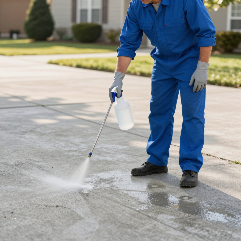 Worker in blue coveralls spraying cleaner onto a driveway with a long-handled sprayer.
