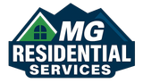 MG Residential Services logo with green house icon and bold white text on blue background