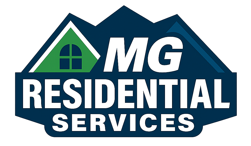 MG Residential Services logo with green house icon and bold white text on blue background