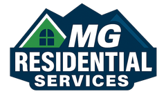 MG Residential Services logo with green house icon and bold white text on blue background