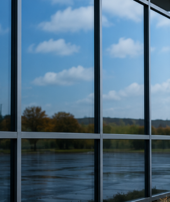 Window reflection of blue sky, clouds, and a calm lake with distant shoreline.