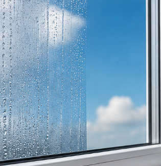 Rain droplets on a window with blue sky and clouds visible outside.