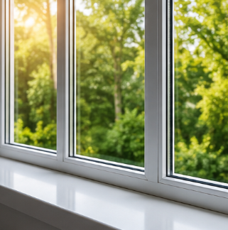Sunlit window with white sill overlooking green trees outside