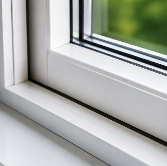 Close-up of a white window frame and sill with green blurred outdoors beyond the glass