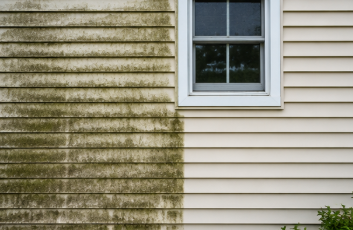 Mold-stained beige siding beside clean cream vinyl siding under a window