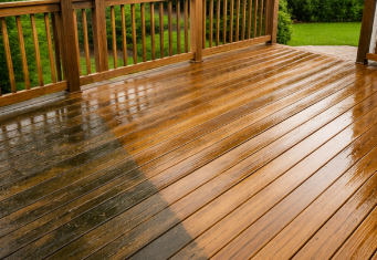 Rain-soaked wooden deck with glossy planks and railing, reflecting light near a green lawn.