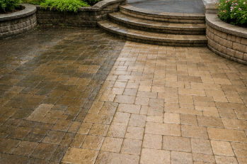 Wet stone patio with curved steps and planters after rain