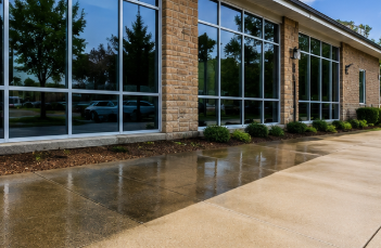 Wet sidewalk outside a brick office building with large reflective windows after rain