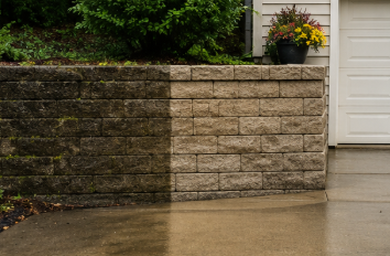 Rainy driveway beside a stone retaining wall, with wet concrete and a white garage door.