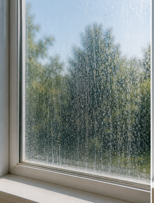 Rain-streaked window with blurred trees and overcast sky outside