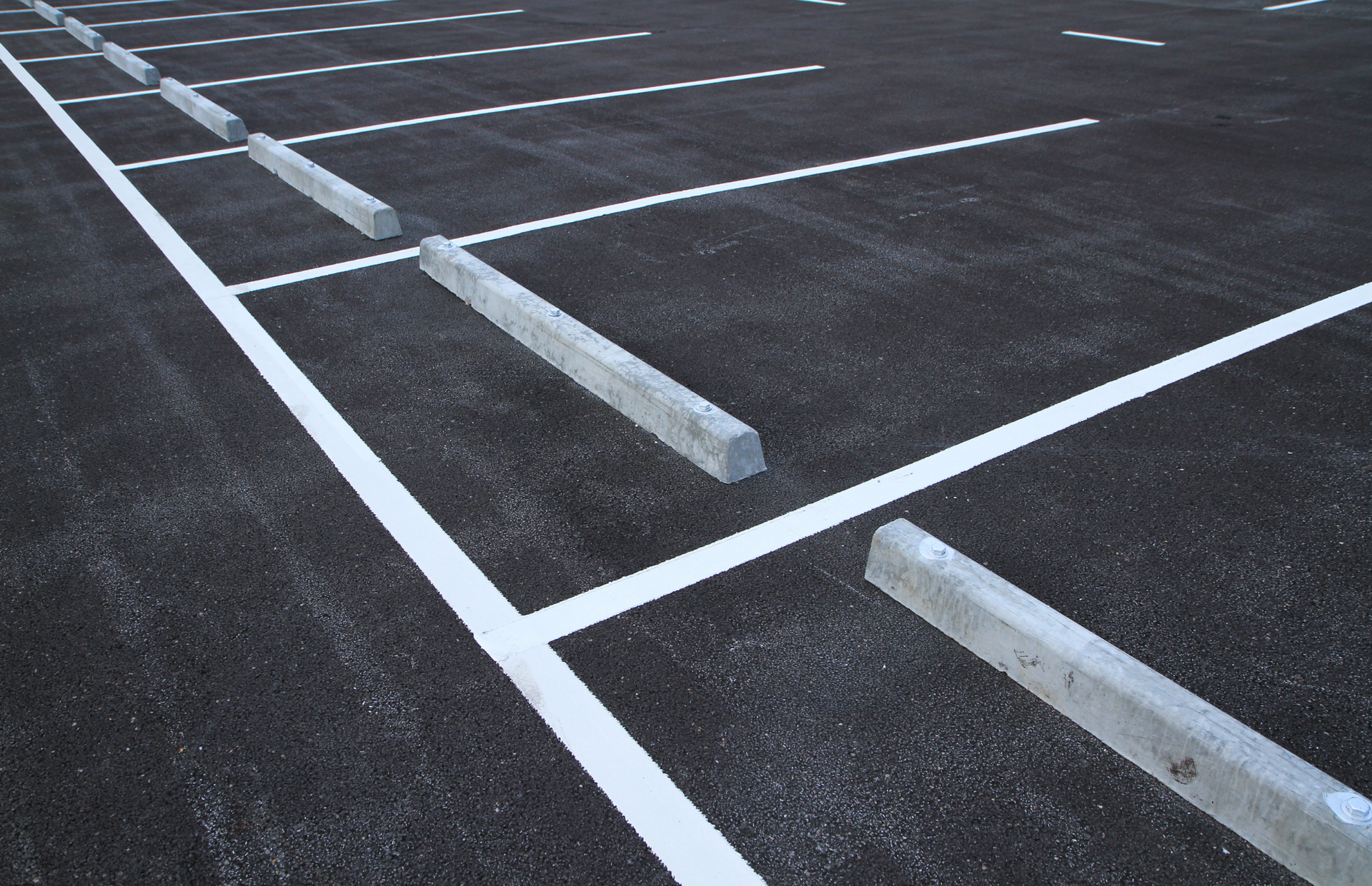 Empty parking lot with white painted lines and concrete wheel stops on dark pavement