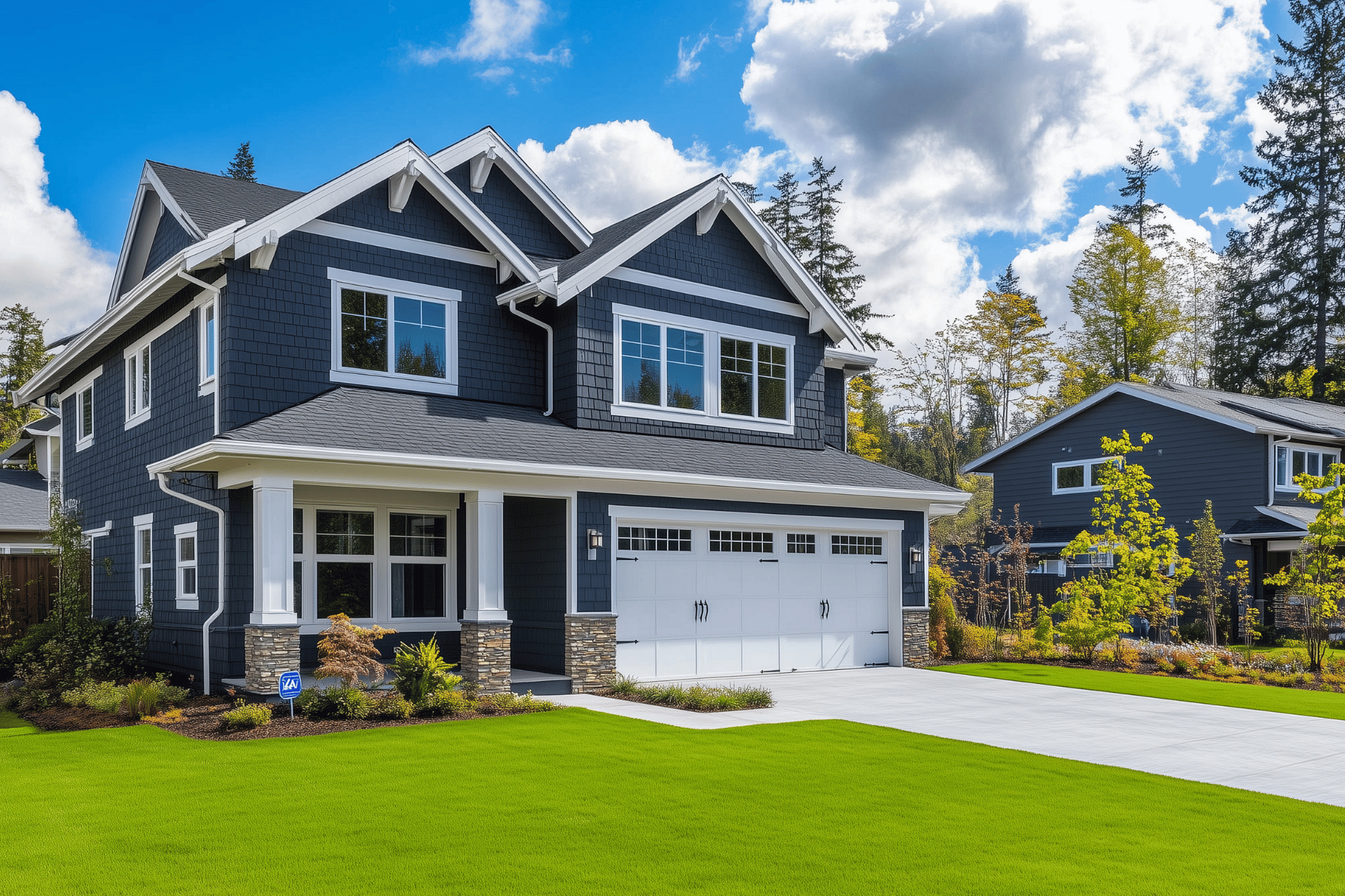 Two-story gray suburban house with white trim, a double garage, and a bright green lawn under a blue sky.