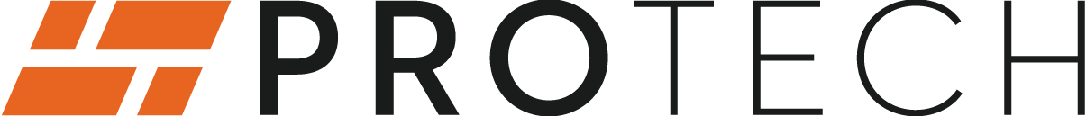 the word protech is written in black and orange on a white background .