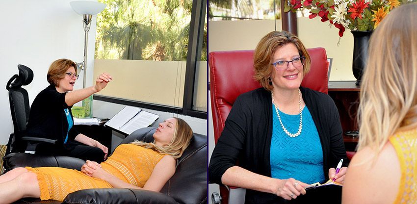 A split-screen showing a professional in an office setting interacting with a client during two different sessions.