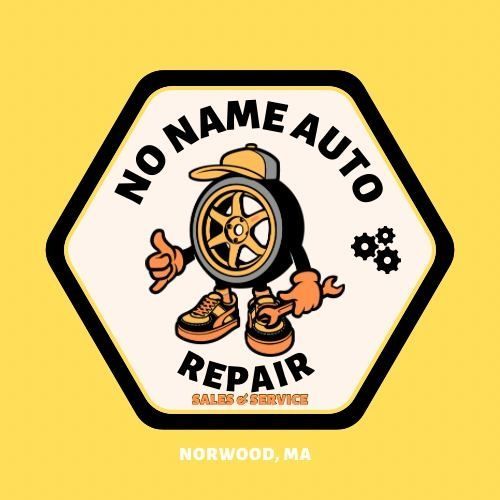 No Name Auto Repair: the smiling tire mascot inside a hexagon badge