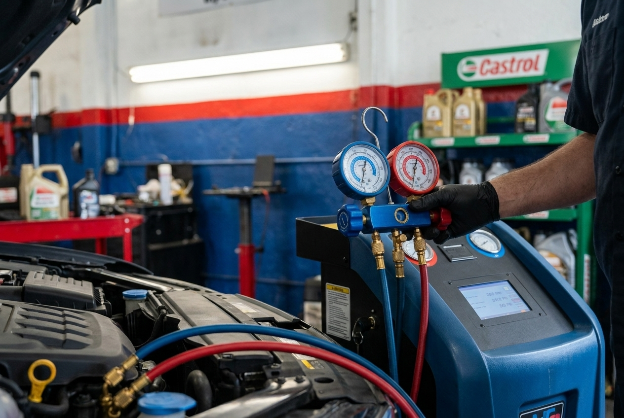Dealer-level AC recharge machine with manifold pressure gauges at No Name Auto Repair