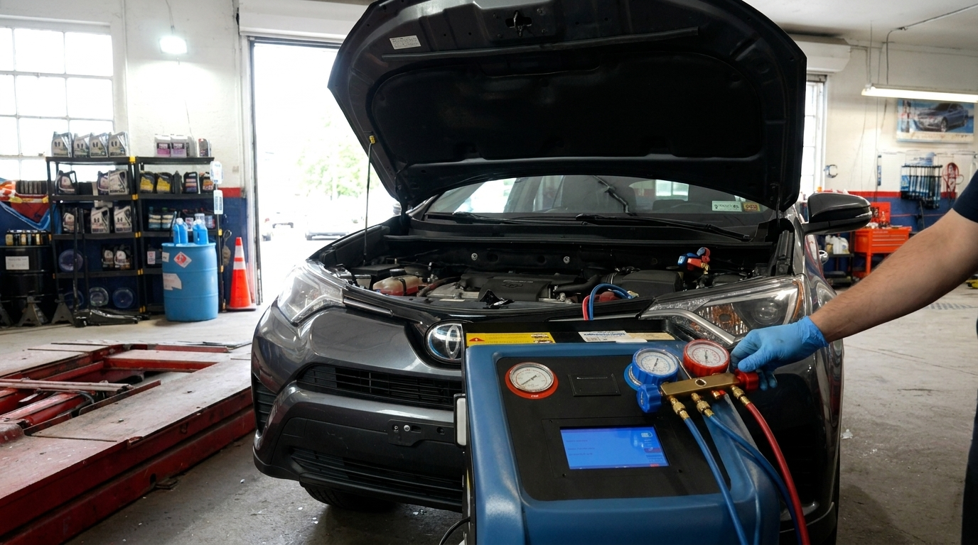 Auto technician recharging a car AC system on a Toyota in Norwood, MA