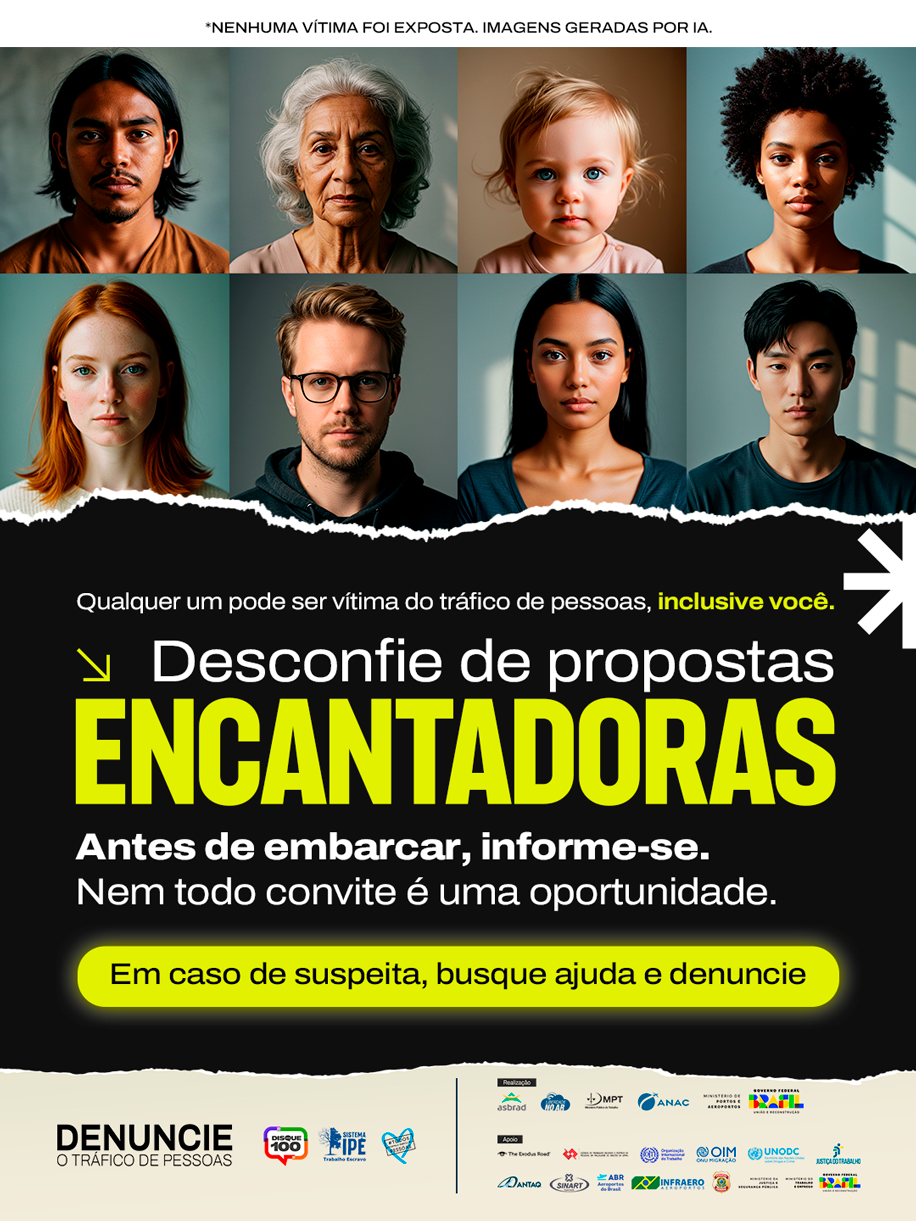 Cartaz: alerta sobre ofertas enganosas. Rostos de pessoas com o texto:
