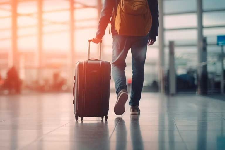 Pessoa caminhando por um aeroporto, puxando uma mala de rodinhas e carregando uma mochila. Luz solar intensa.