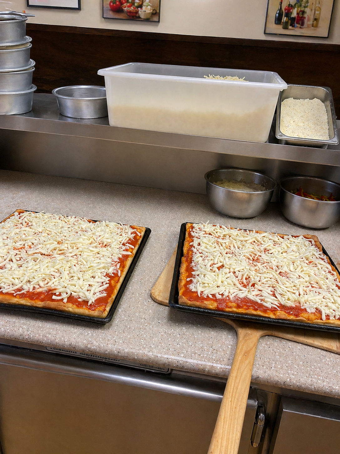 Two cheese-topped rectangular pizzas on a counter in a kitchen prep area