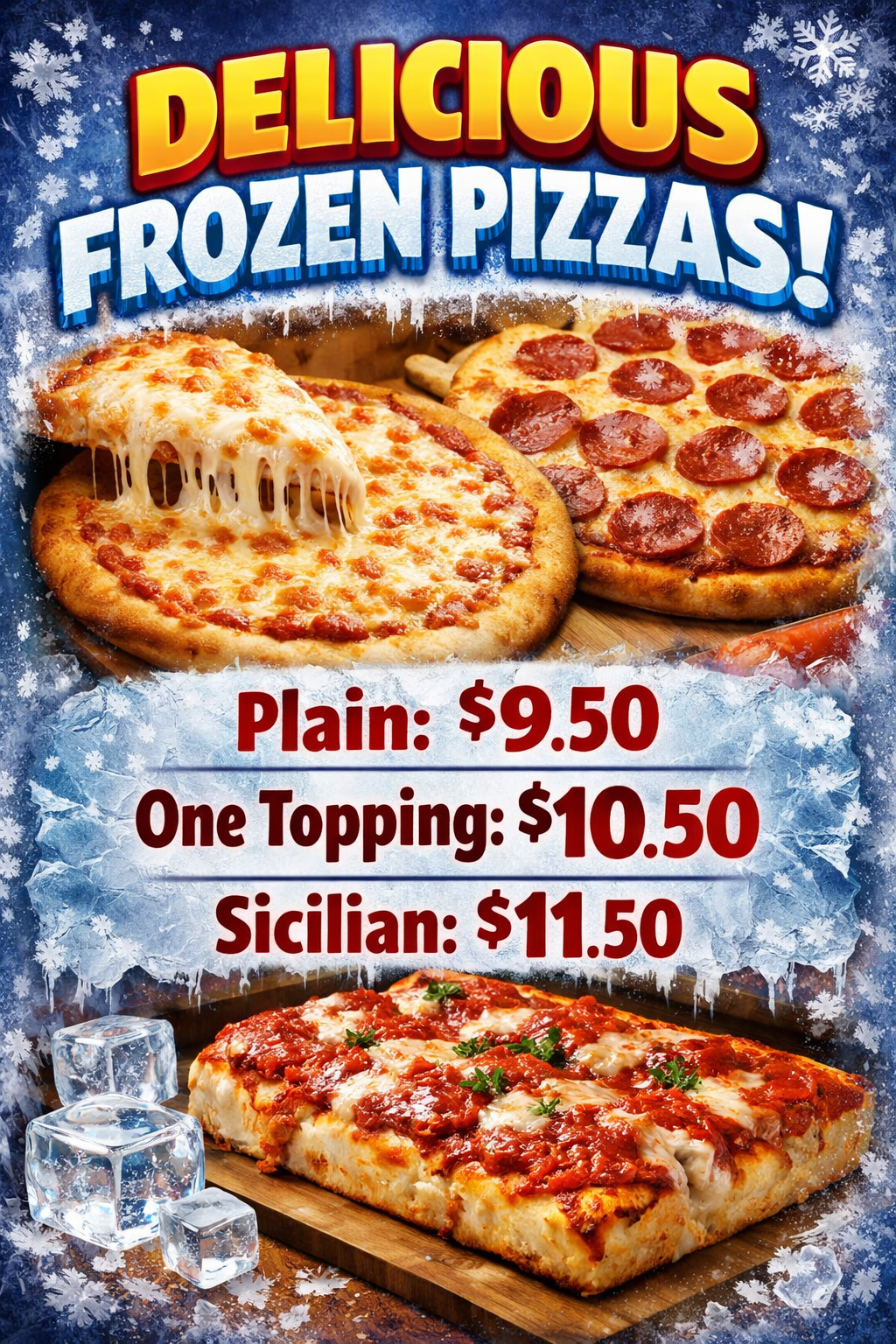 Frozen pizza ad with cheesy pizzas and prices: Plain $9.50, One Topping $10.50, Sicilian $11.50
