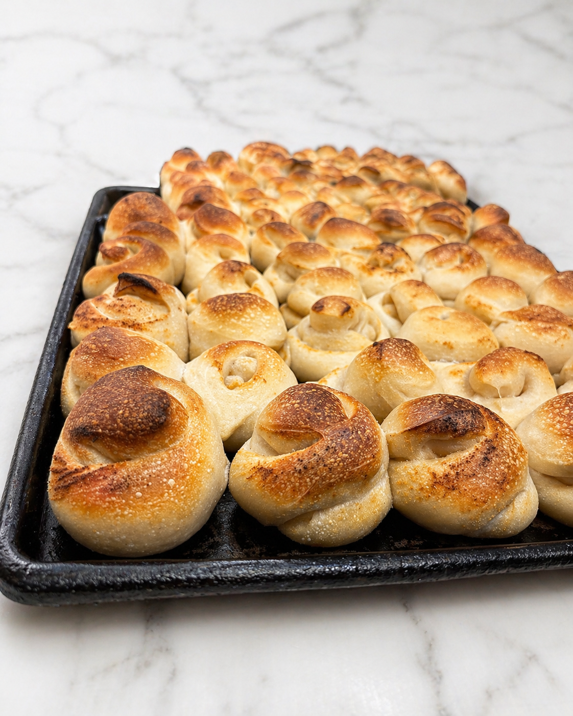 Tray of golden-brown dinner rolls baking on a black sheet pan, with a browned crust on top