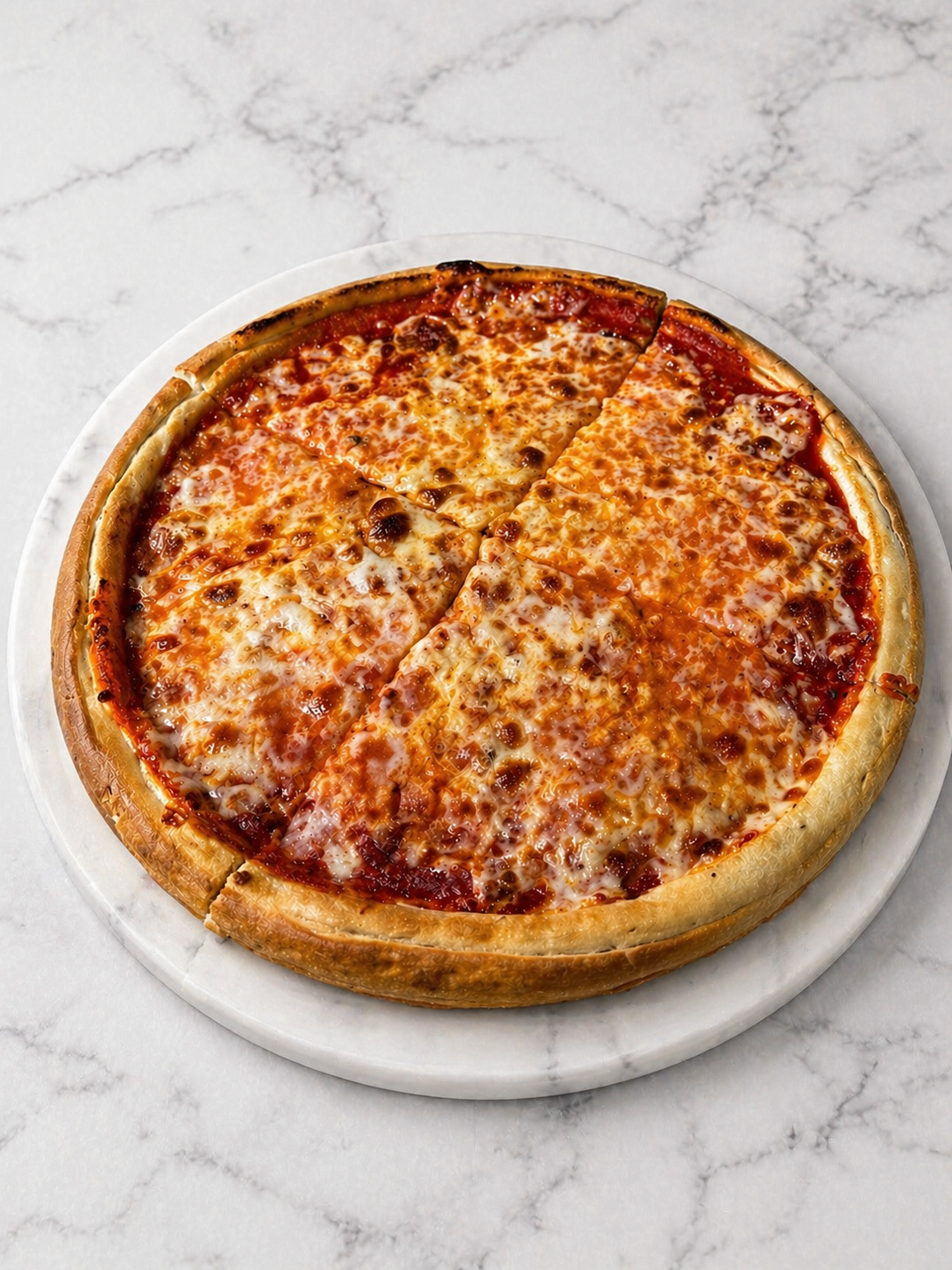 Cheese pizza on a white plate atop a marble surface