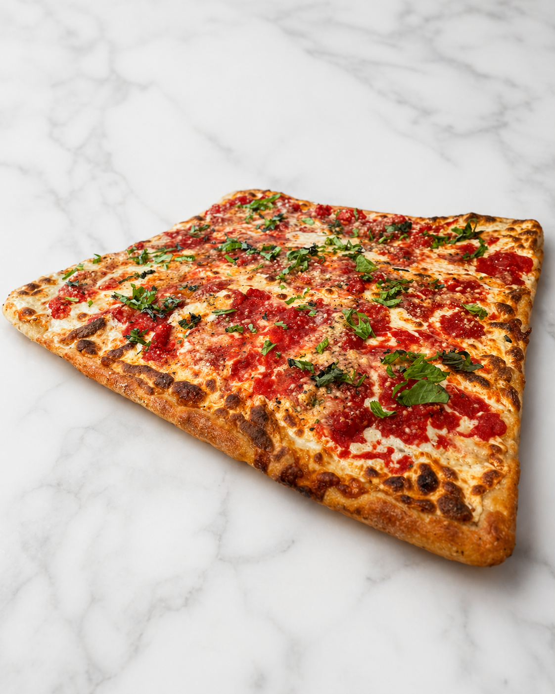 Slice of cheese pizza with basil and tomato sauce on a white marble surface