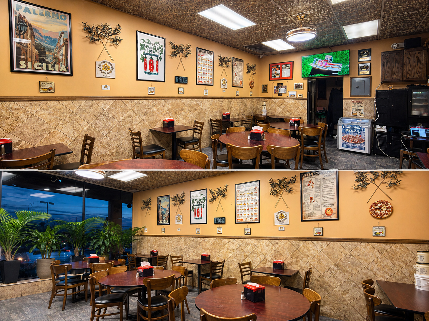 Empty restaurant dining area with wooden tables, tan walls, framed art, and TV screens.