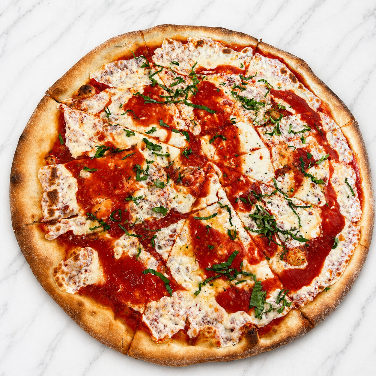 Round Margherita pizza with tomato sauce, melted cheese, and basil on a white background