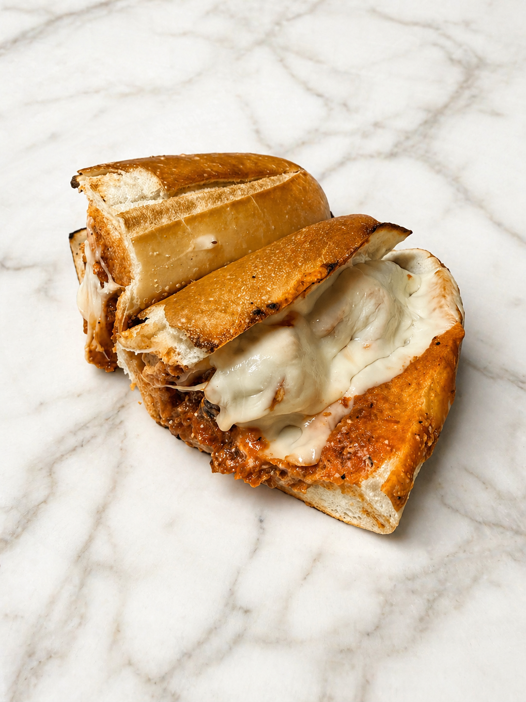 Grilled cheese sandwich halves with melted cheese on a white marble surface