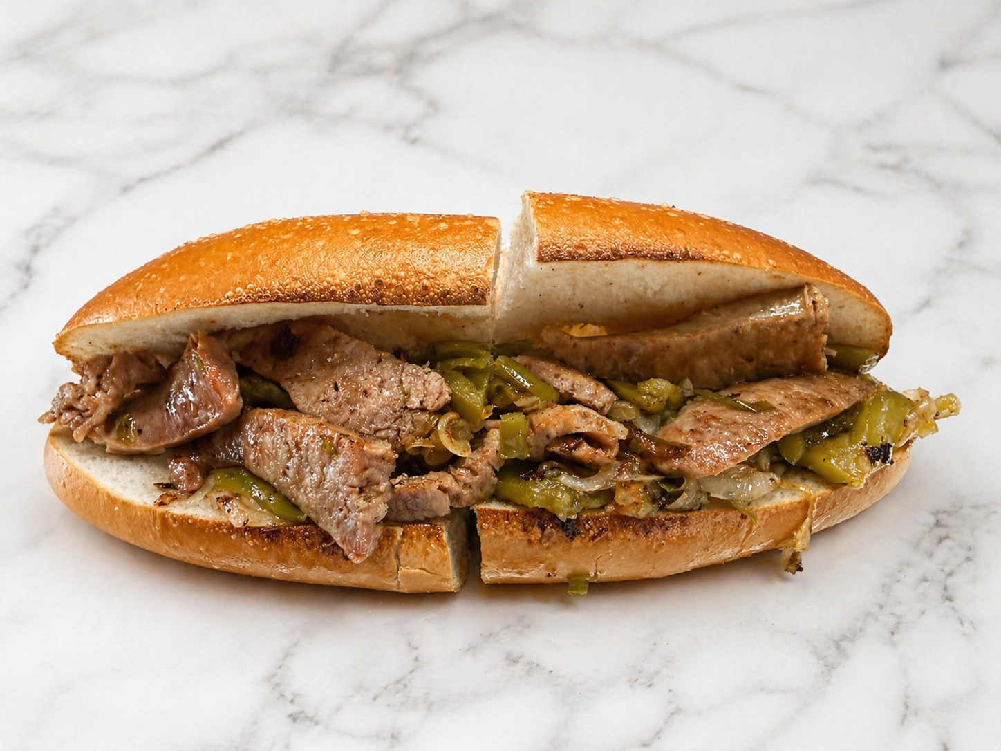 Cut sandwich with sliced meat and peppers on a marble surface