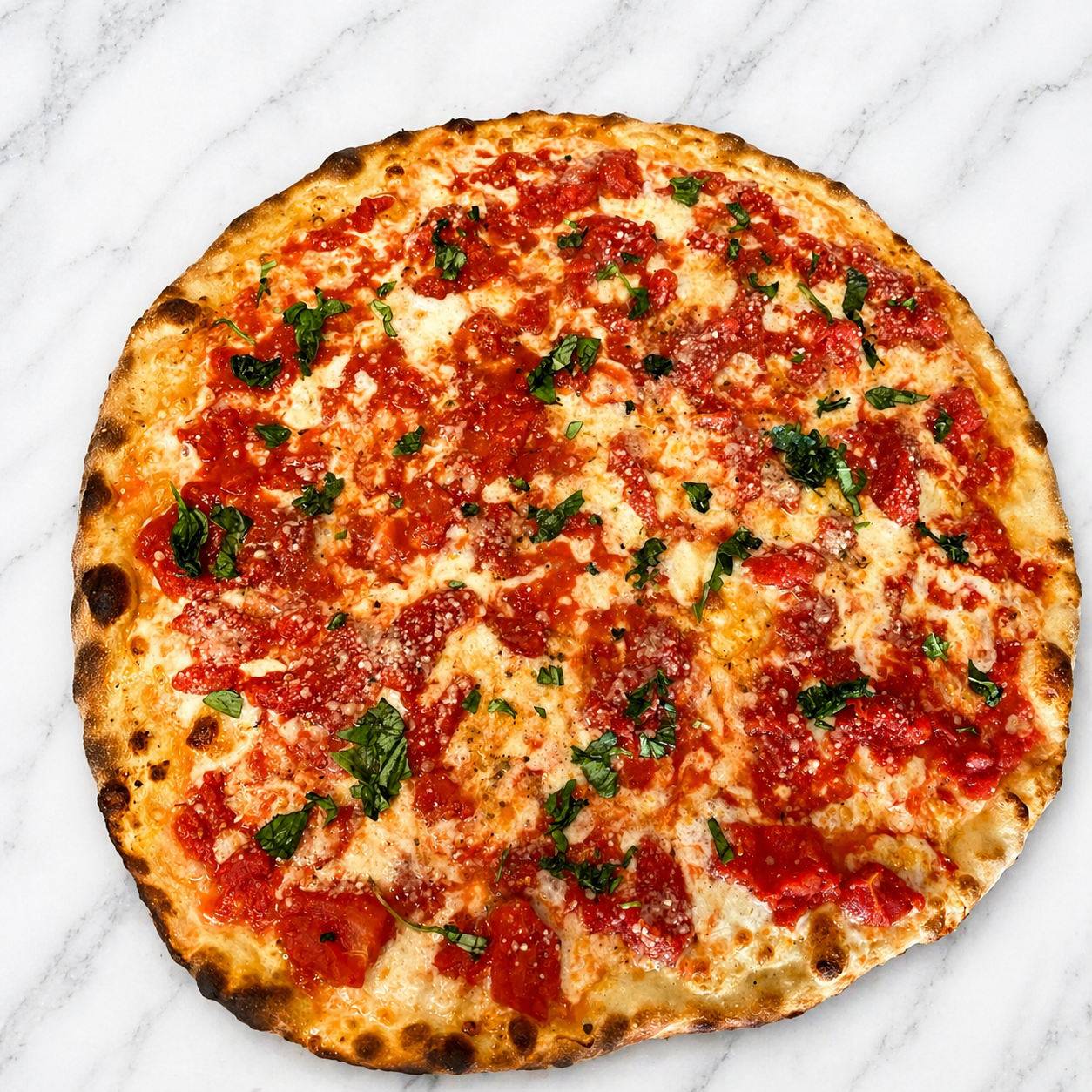Round cheese pizza with red tomato sauce, melted cheese, and green herbs on a white background