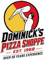 Dominick's Pizza Shoppe logo with a pizza-tossing chef and &ldquo;Est. 1968&rdquo; text on red and yellow background