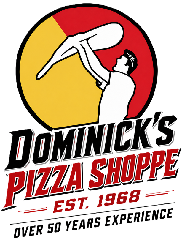 Dominick's Pizza Shoppe logo with a pizza-tossing chef and “Est. 1968” text on red and yellow background