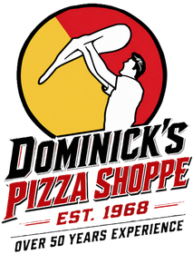 Dominick's Pizza Shoppe logo with a pizza-tossing chef and &ldquo;Est. 1968&rdquo; text on red and yellow background