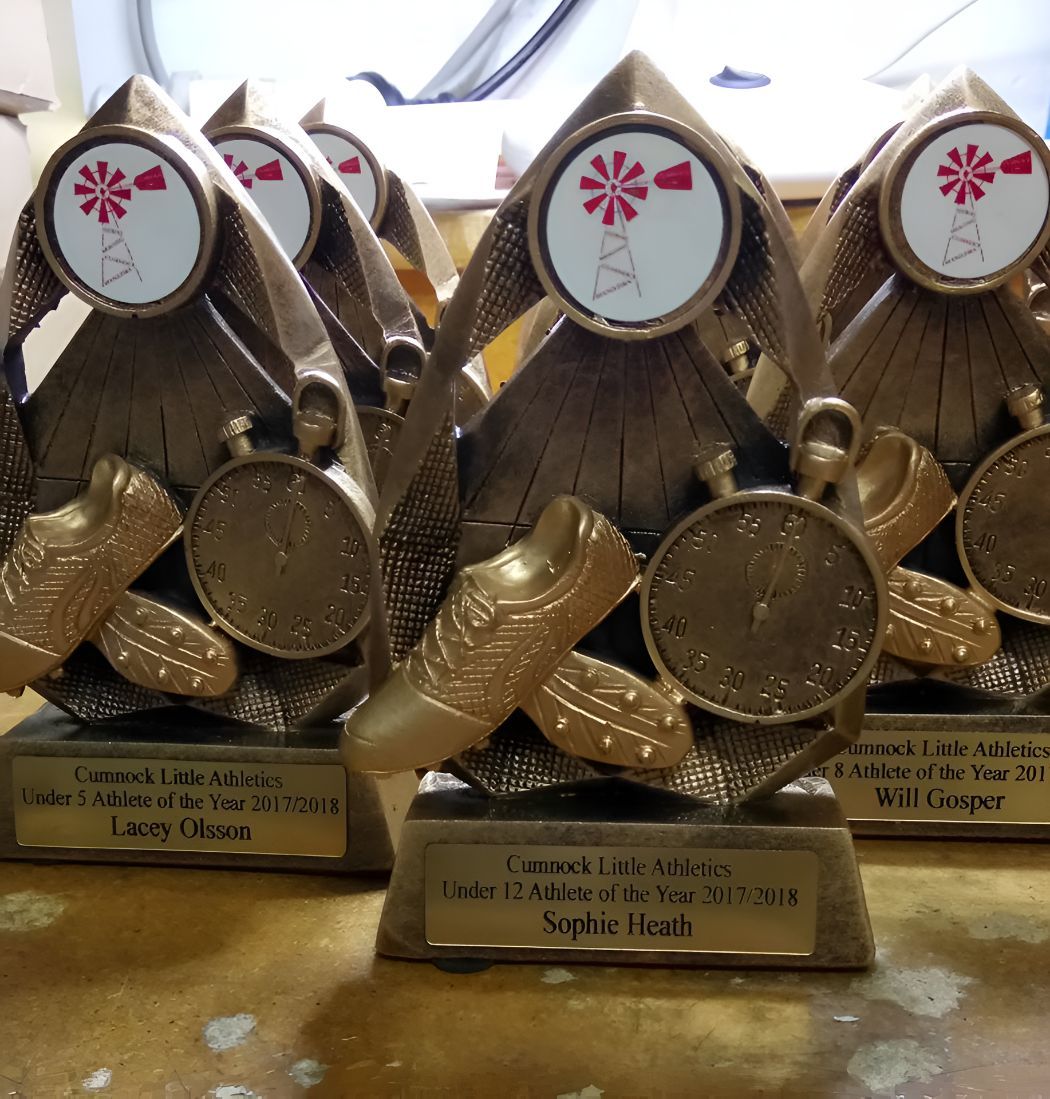 A Row of Trophies With One That Says Lucky Charm — Central West Trophies & Embroidery In Orange, NSW