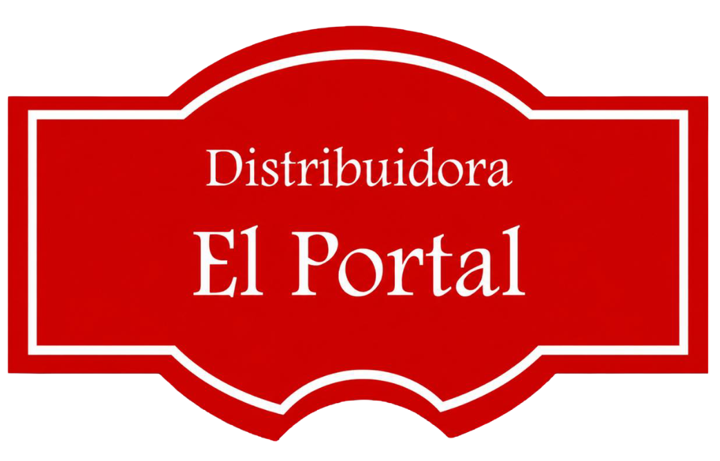 Logotipo rojo con texto blanco que dice “Distribuidora El Portal” en un marco decorativo.