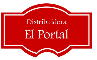 Logotipo rojo con texto blanco que dice “Distribuidora El Portal” en un marco decorativo.