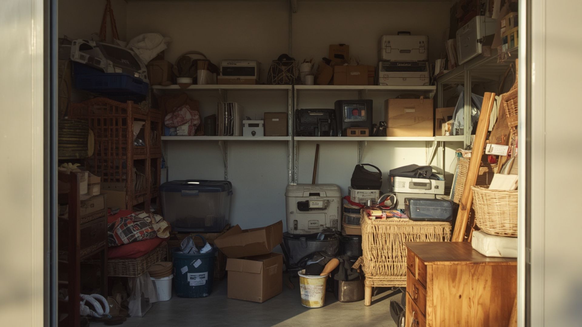 Boxes, furniture, and labeled storage totes arranged for a downsizing project in Irmo, SC