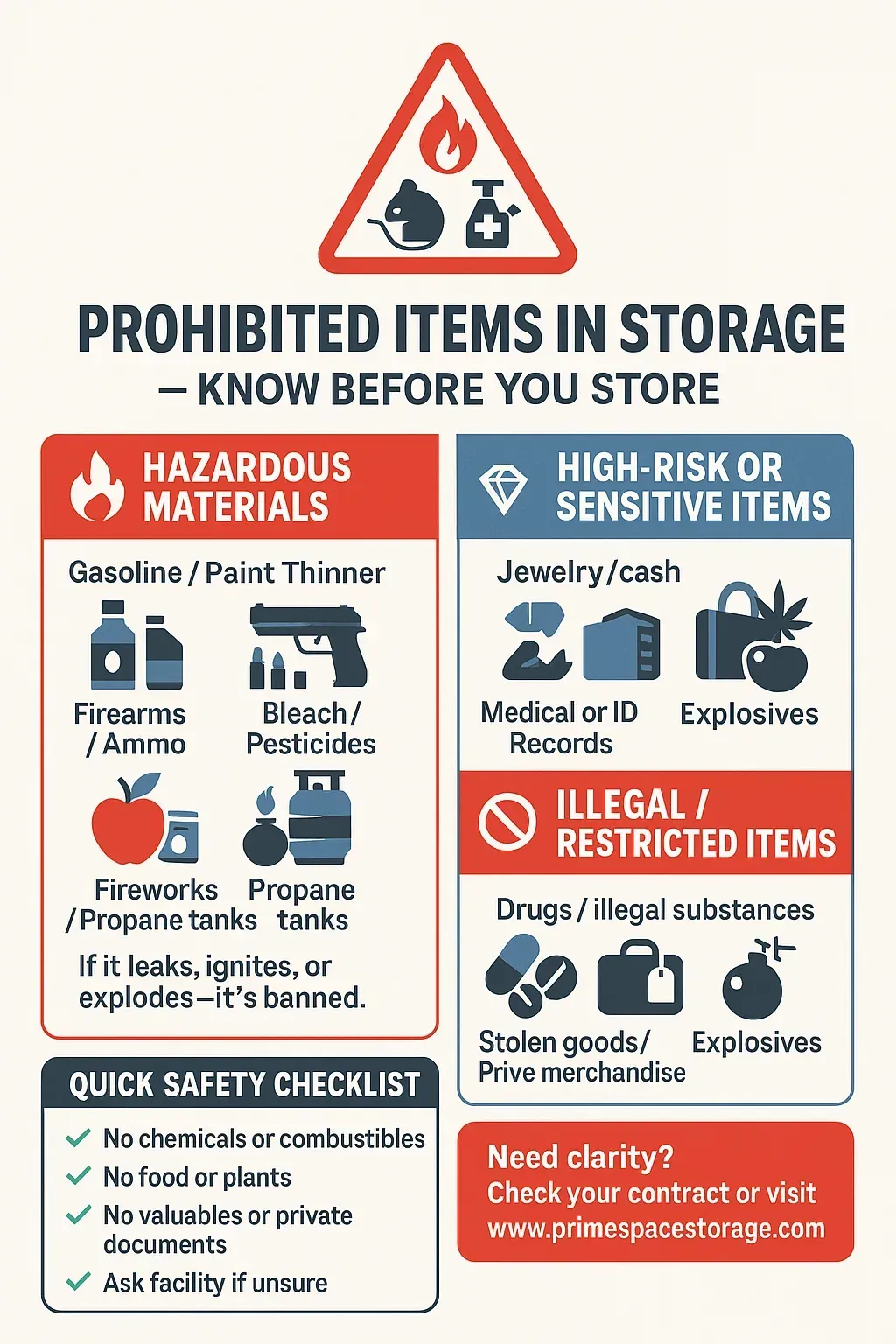 Infographic listing prohibited storage items: hazardous materials, high-risk items, and illegal items.