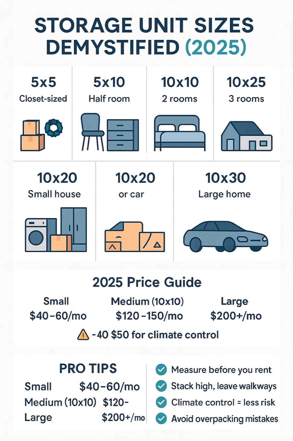 Storage unit size guide (2025) showing sizes, example contents, & price.