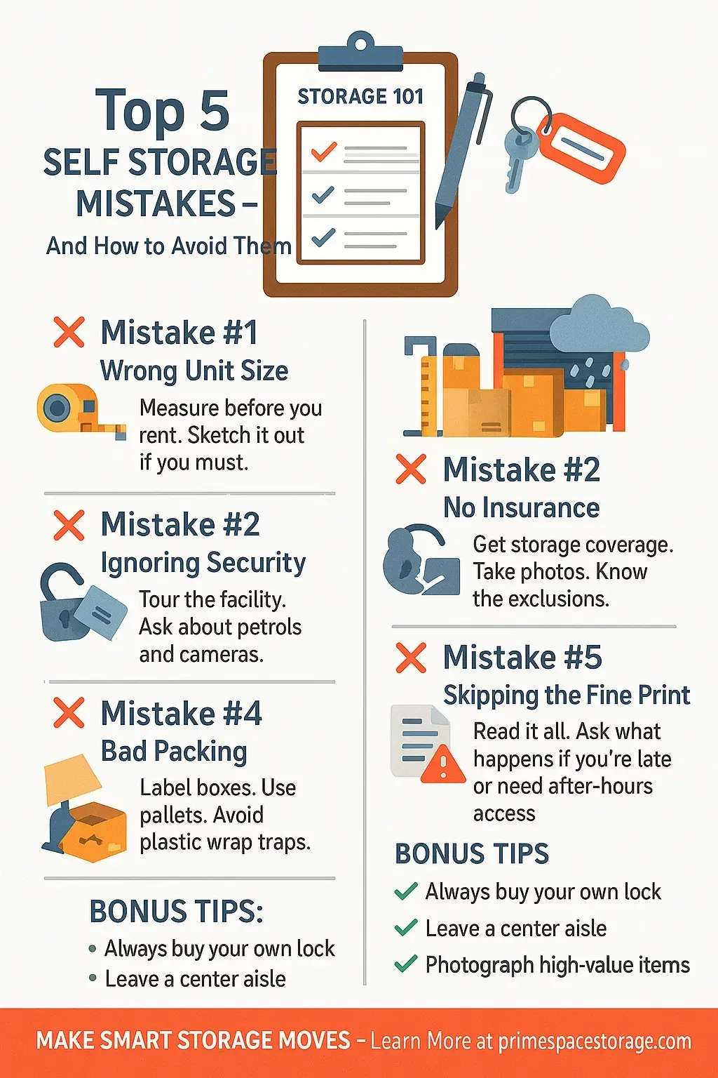Infographic on self-storage mistakes: wrong size, ignoring security, no insurance, bad packing, fine print.