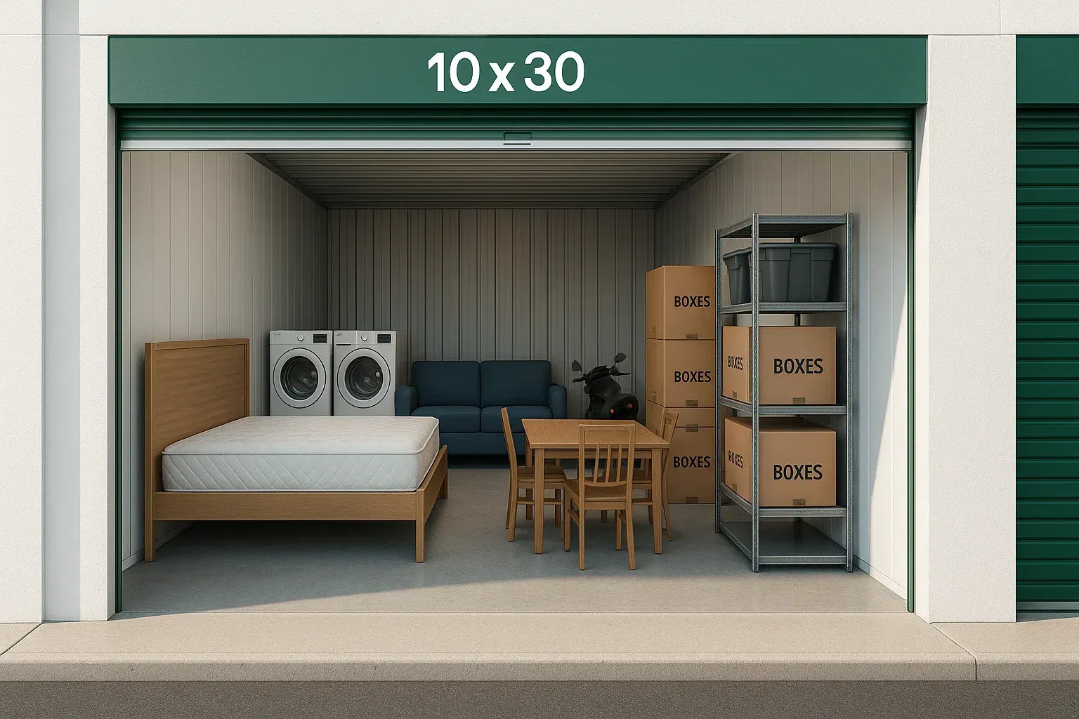 open 10x30 storage unit with household furniture and other items