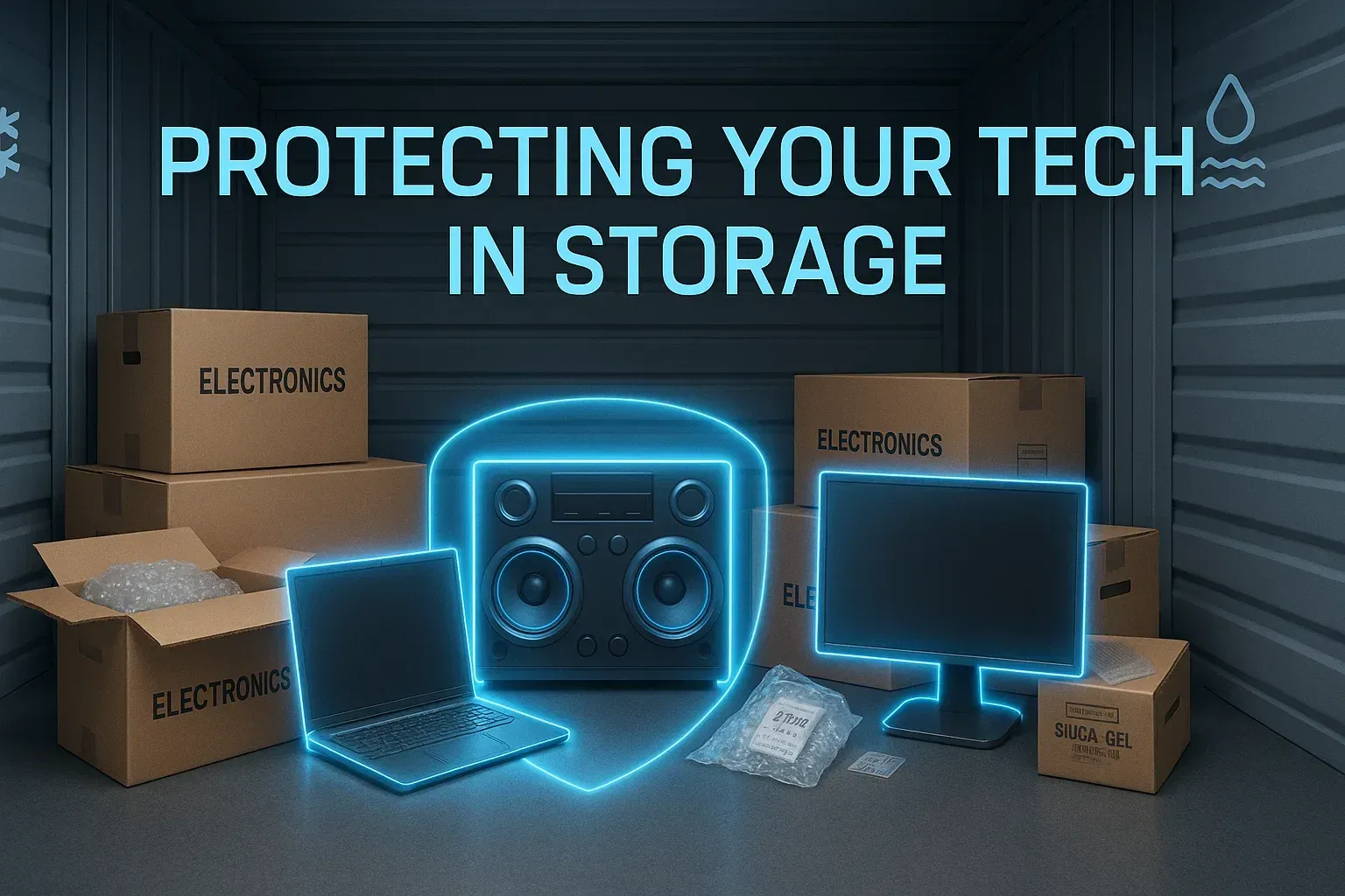 graphic of common personal electronics in a storage unit