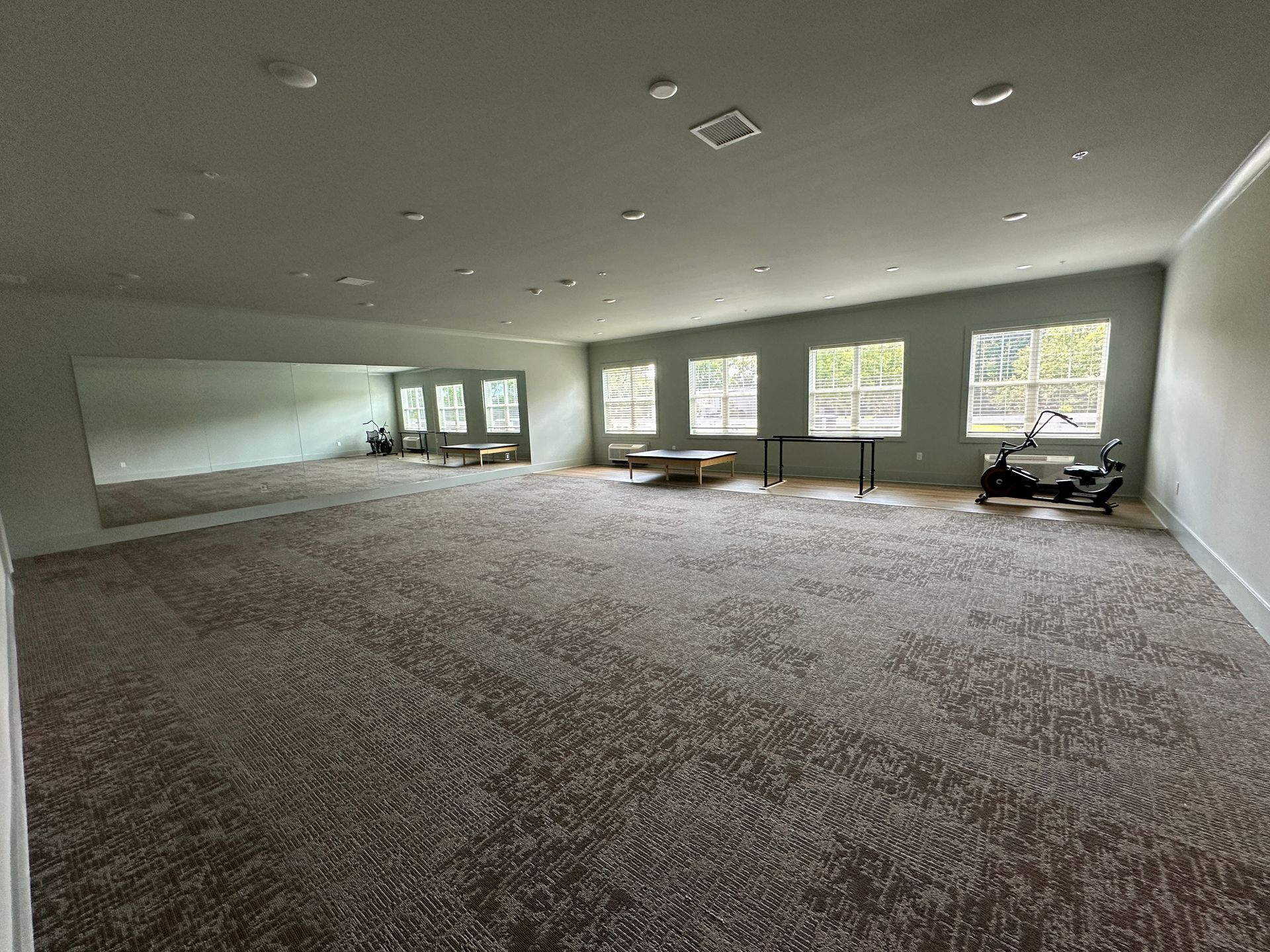 Empty carpeted living room with large windows, vaulted ceiling, and a ceiling fan on the left.