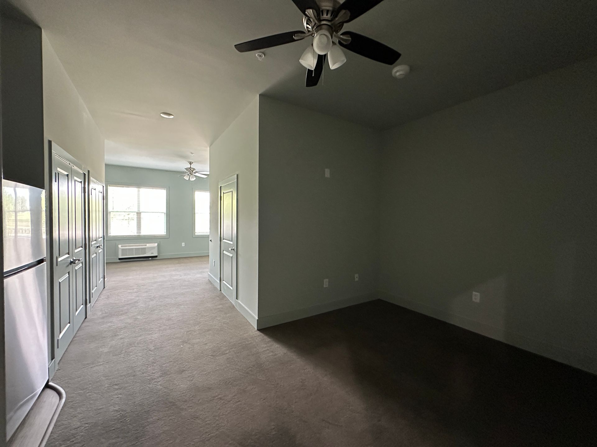 Empty carpeted apartment hallway and living area with gray walls, ceiling fan, and bright windows.