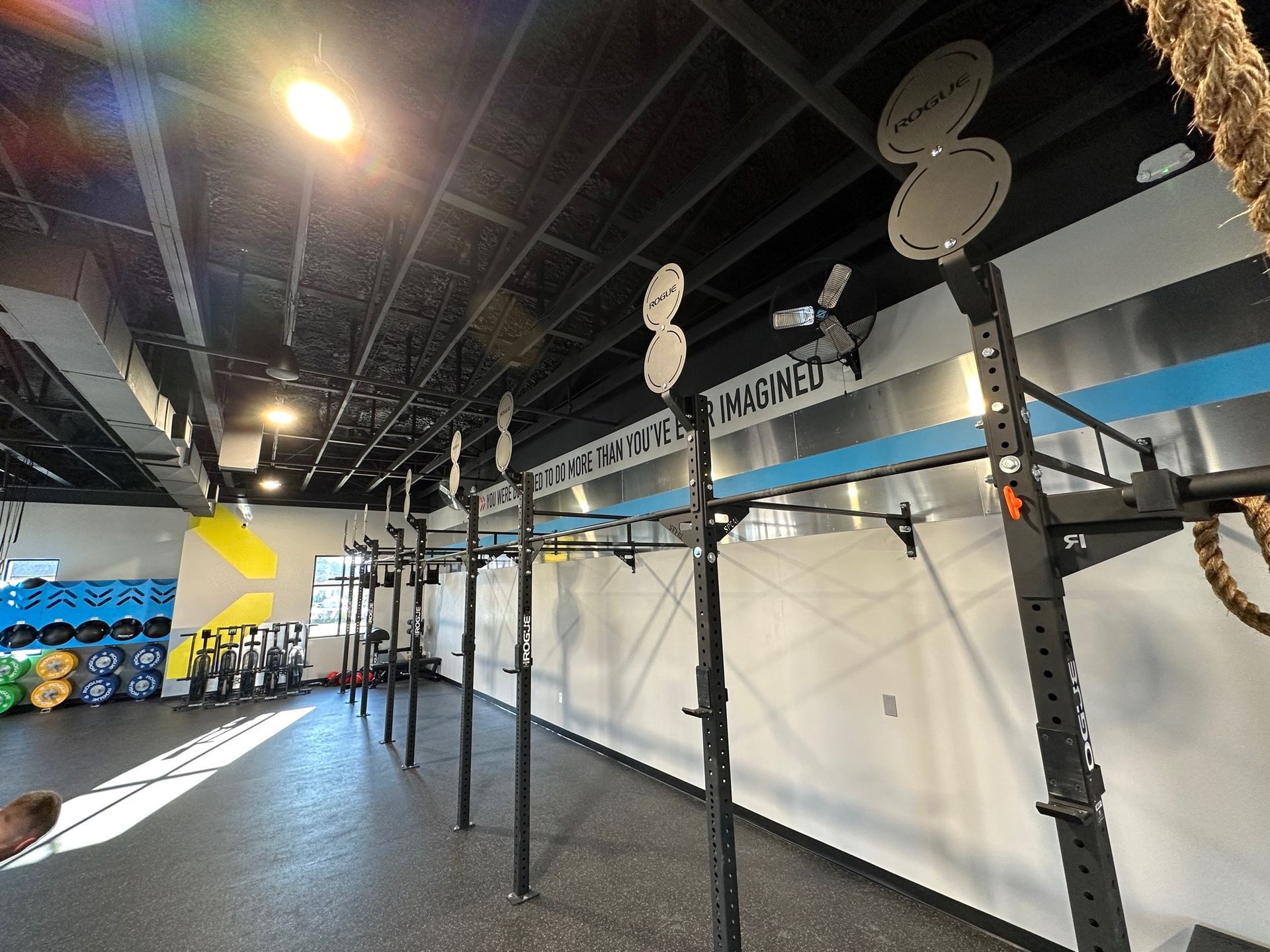 A gym with a sign that says ' moved ' on it